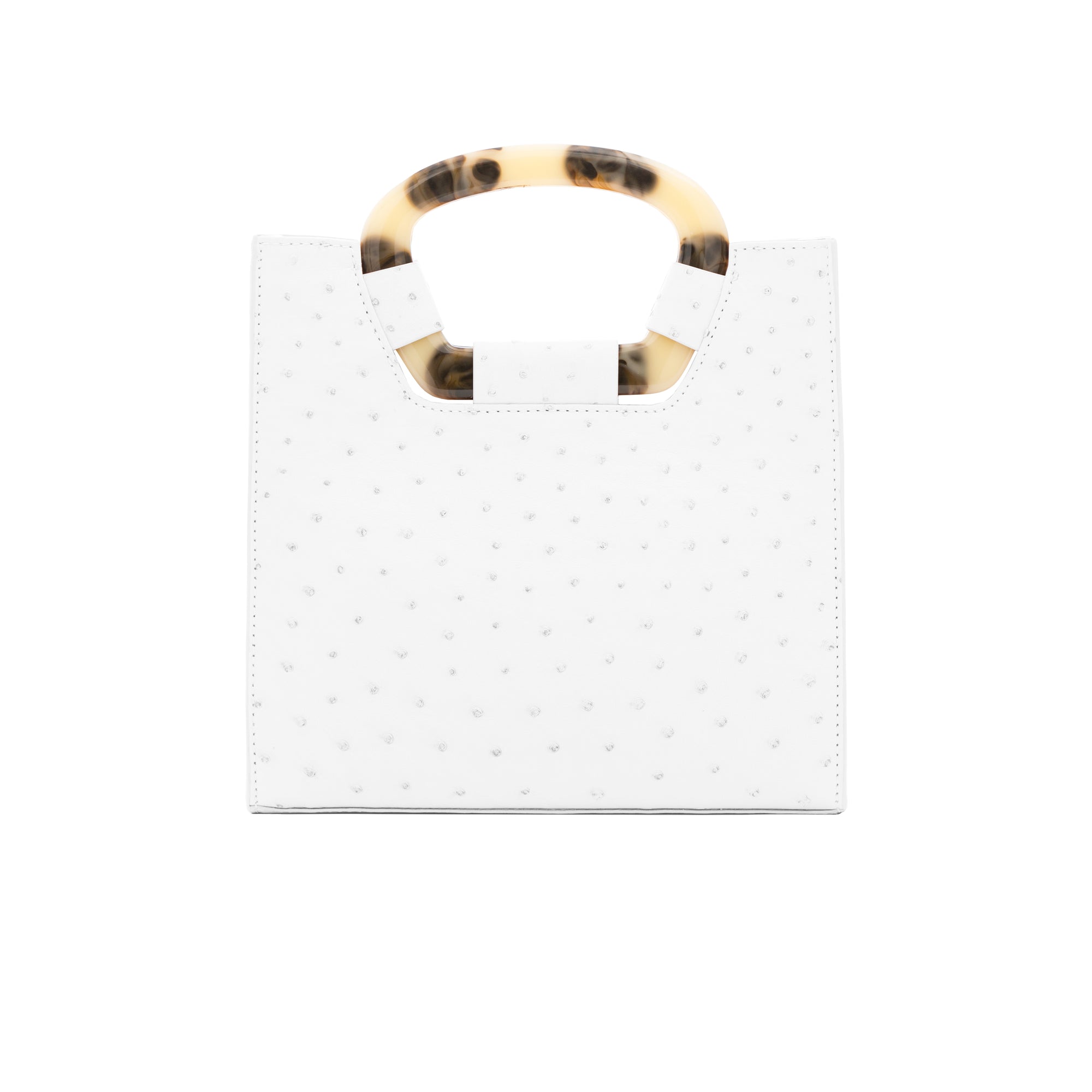 Front of a white ostrich textured handbag on a white background