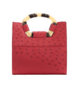 Back of a red ostrich textured handbag on a white background