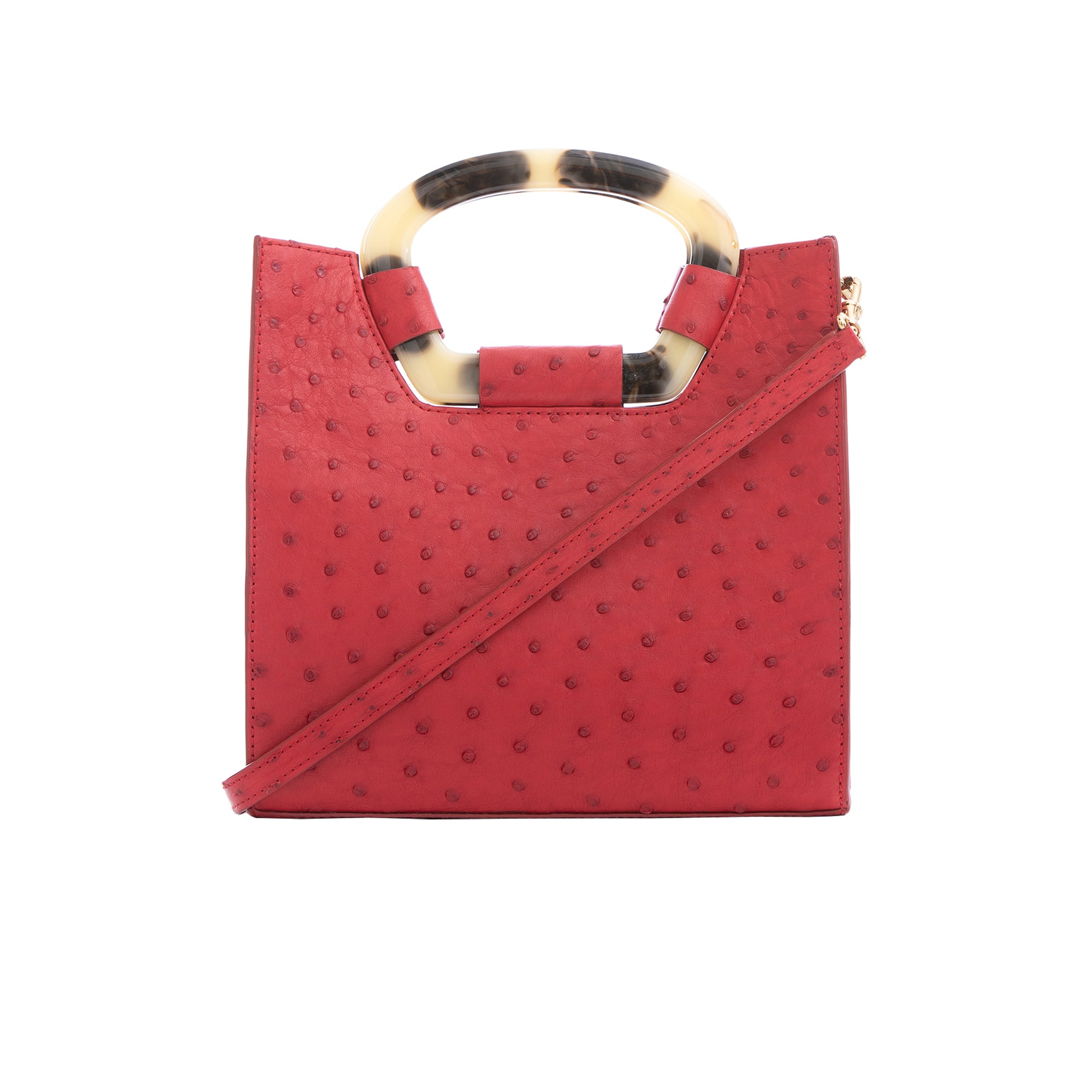 Front of a red ostrich textured handbag on a white background