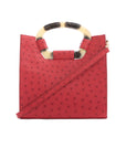 Front of a red ostrich textured handbag on a white background