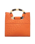 Back of a tangerine ostrich textured handbag on a white background