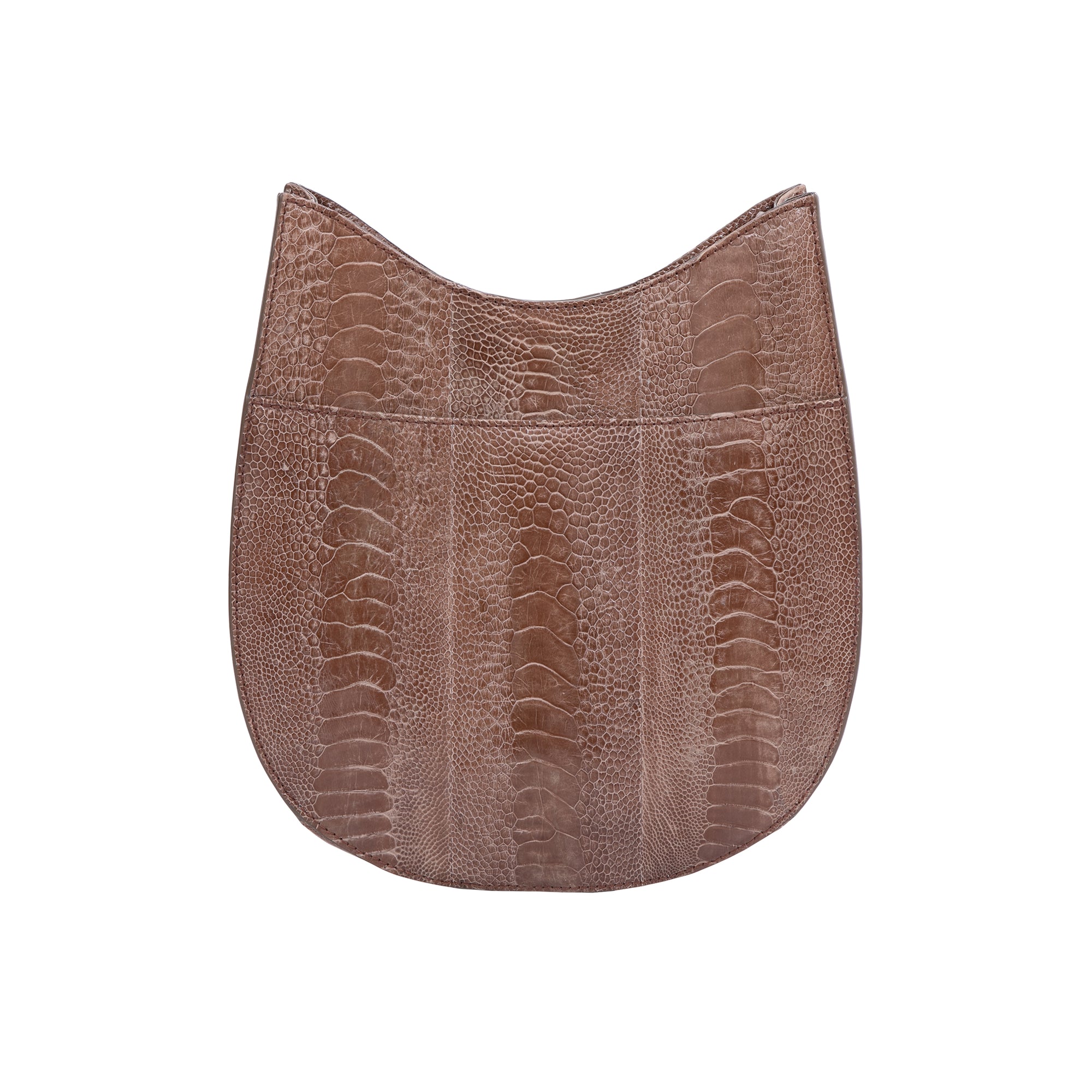 Back of a brown handbag with ostrich leg textured with a strap on a white background
