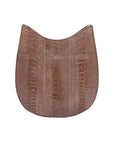 Back of a brown handbag with ostrich leg textured with a strap on a white background