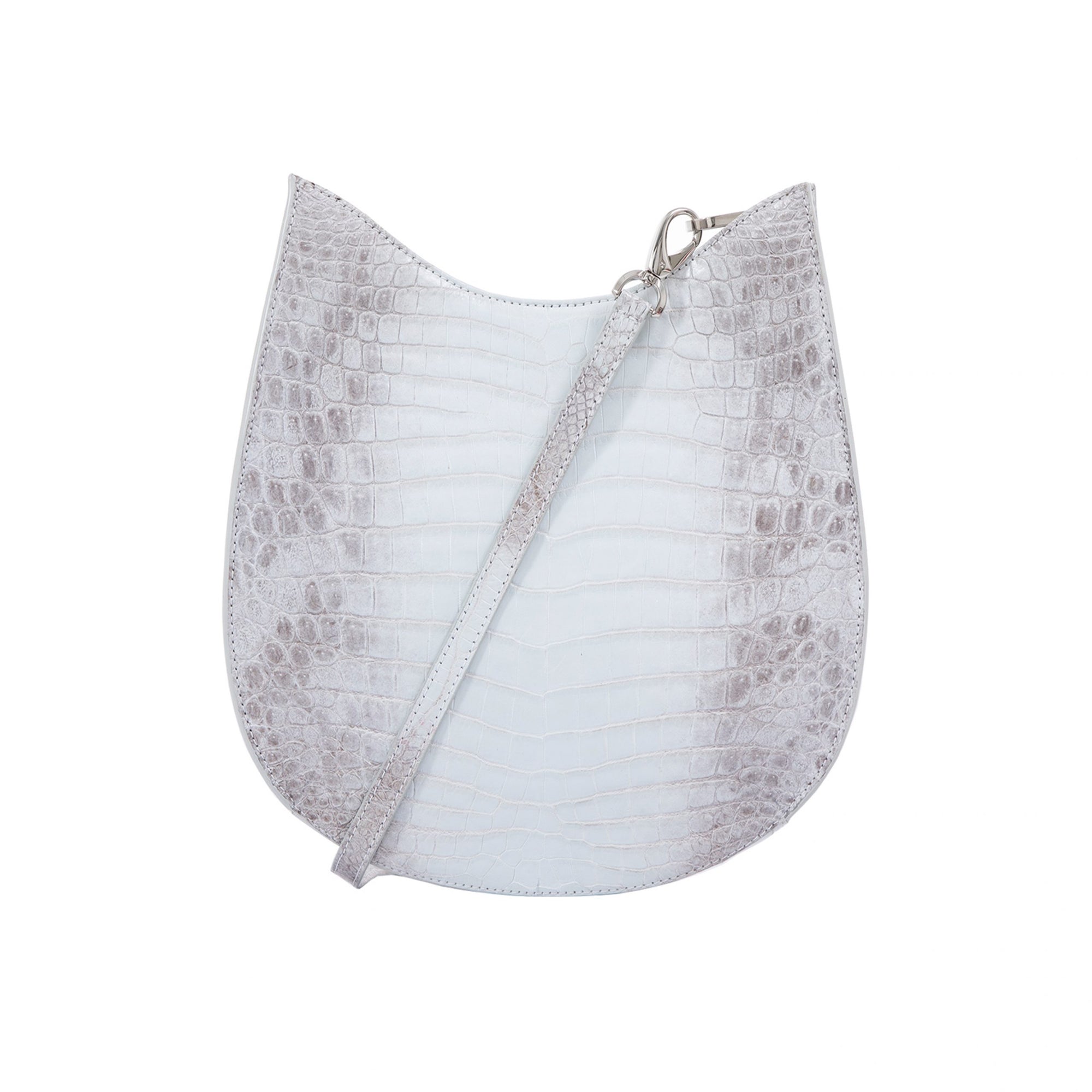 White crocodile material handbag with gray pattern on a white background
