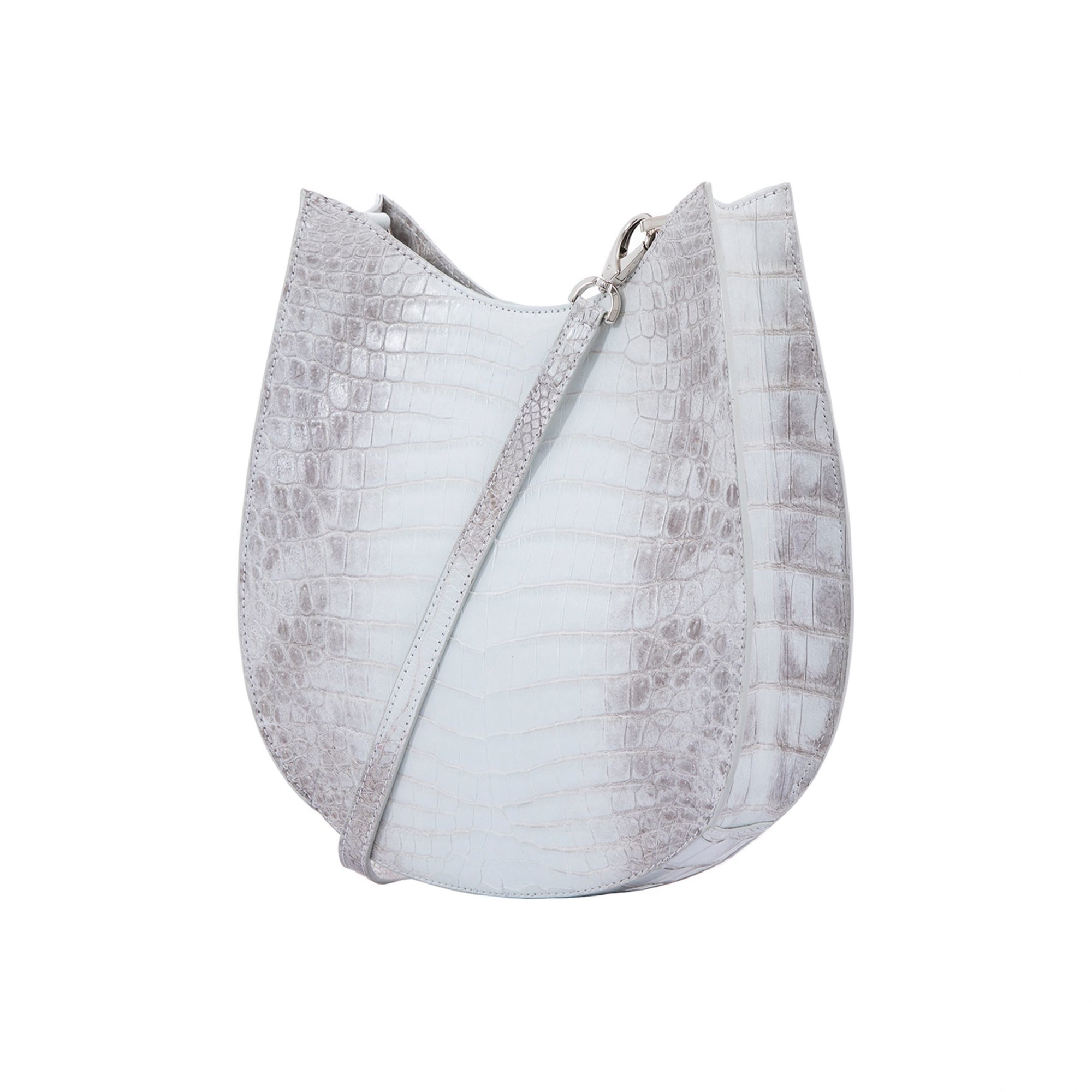 White crocodile material handbag with gray pattern on a white background