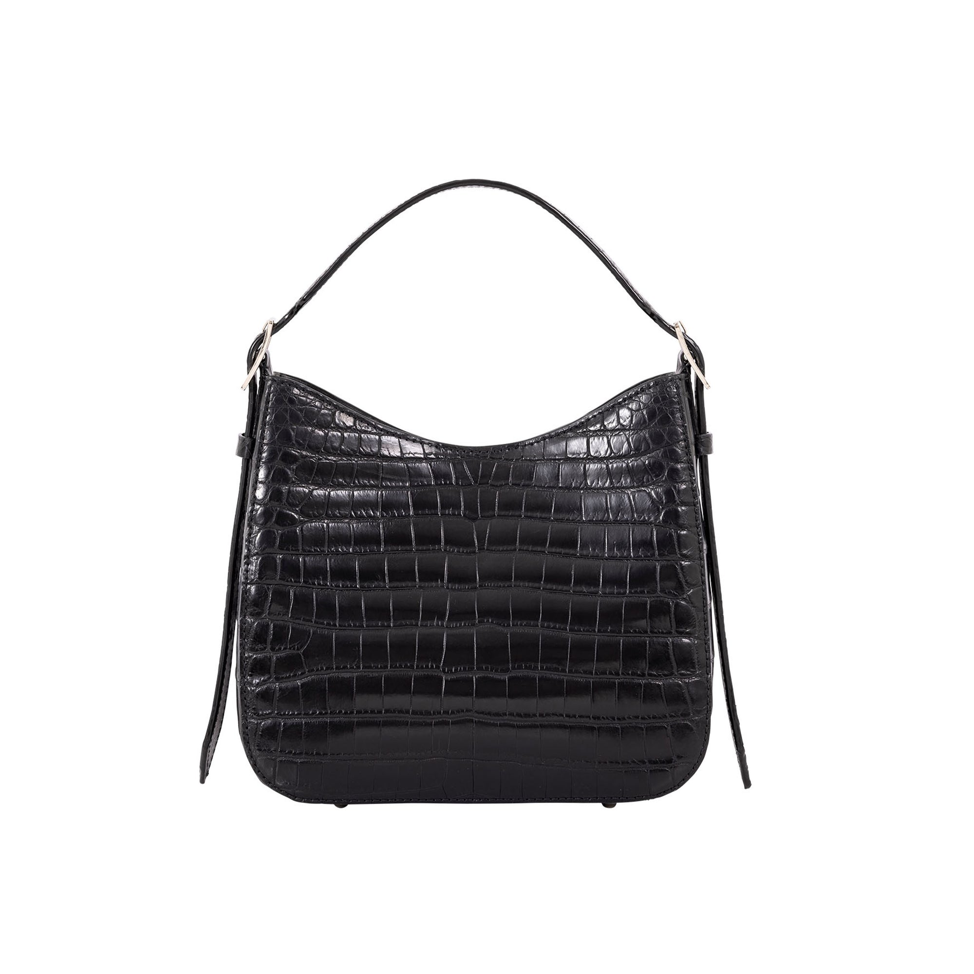 Black crocodile-patterned handbag on a white background