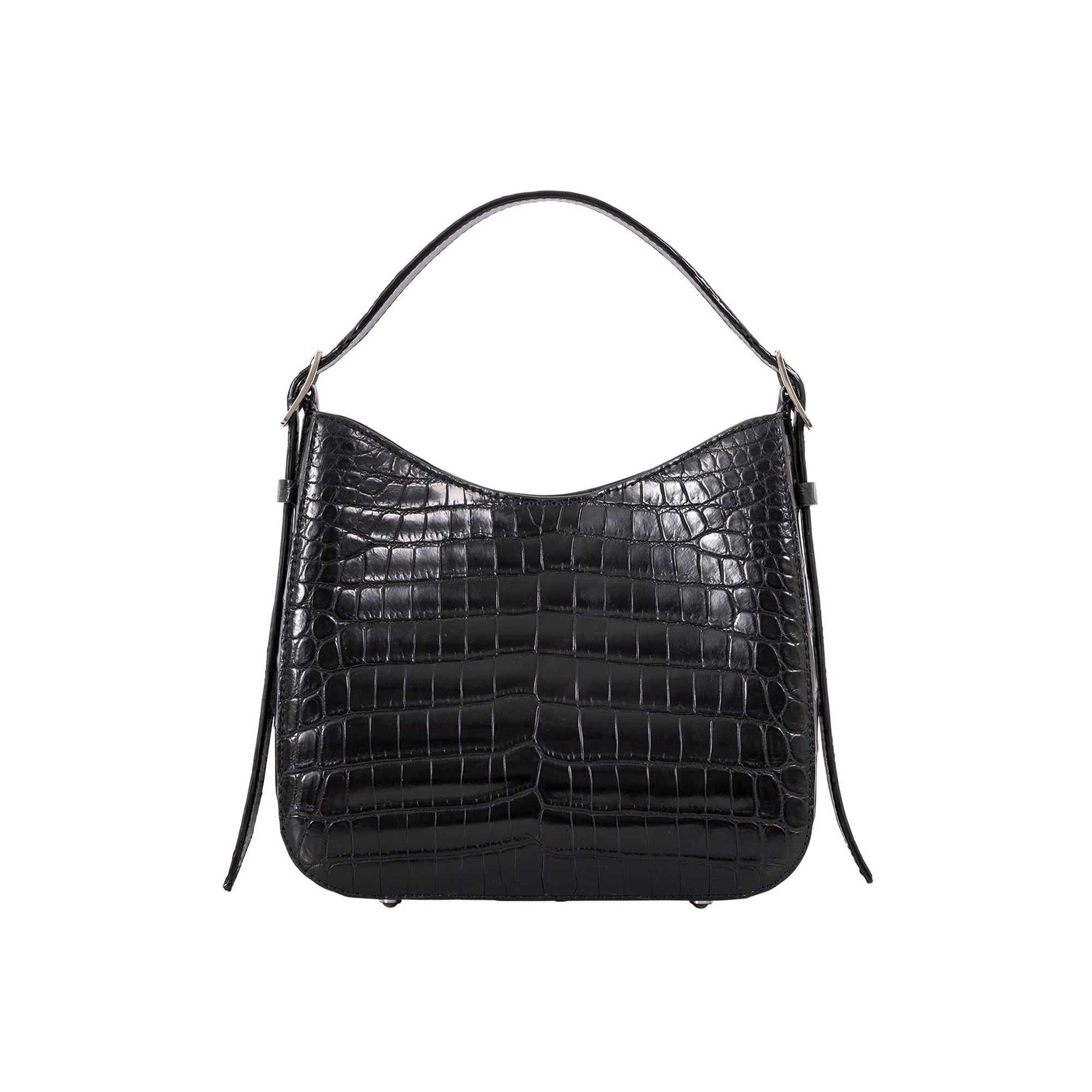 Black crocodile-patterned handbag on a white background