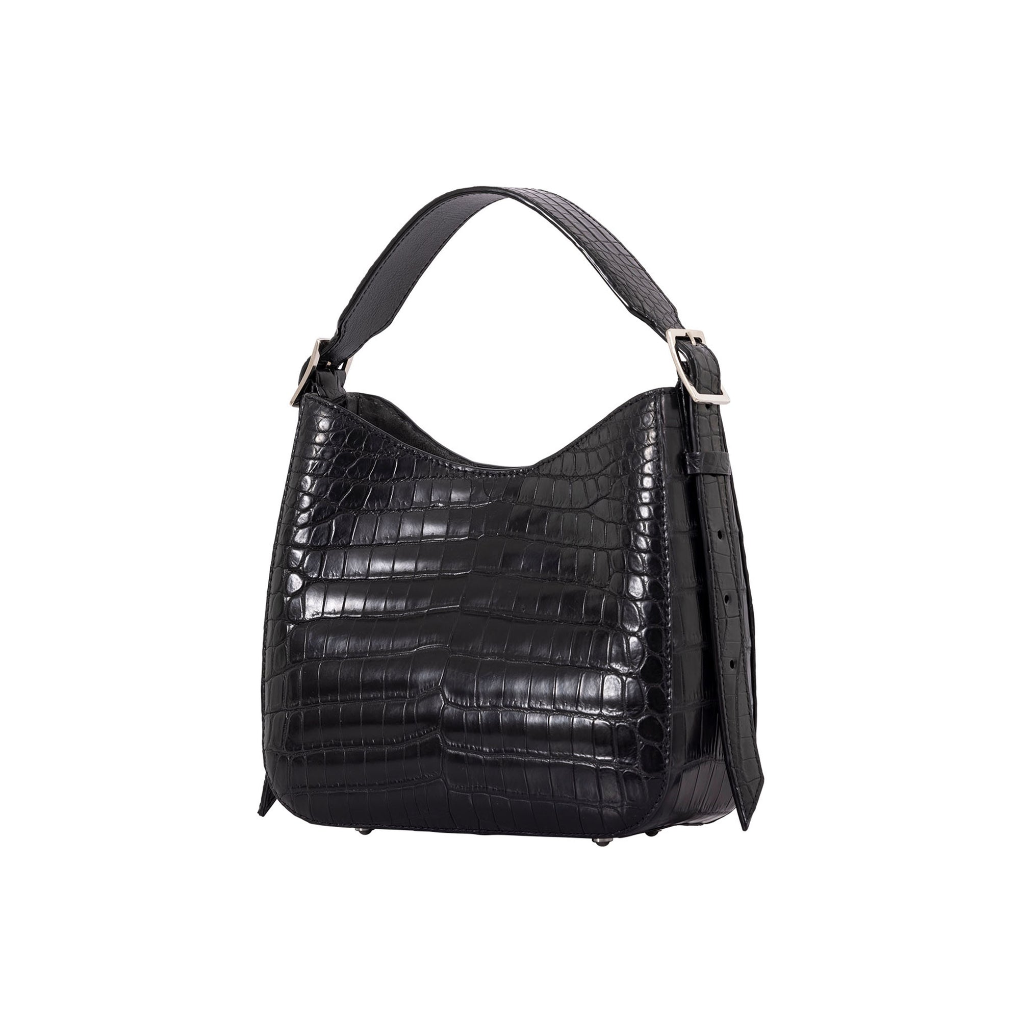 Black crocodile-patterned handbag on a white background