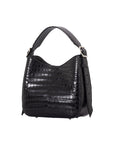 Black crocodile-patterned handbag on a white background