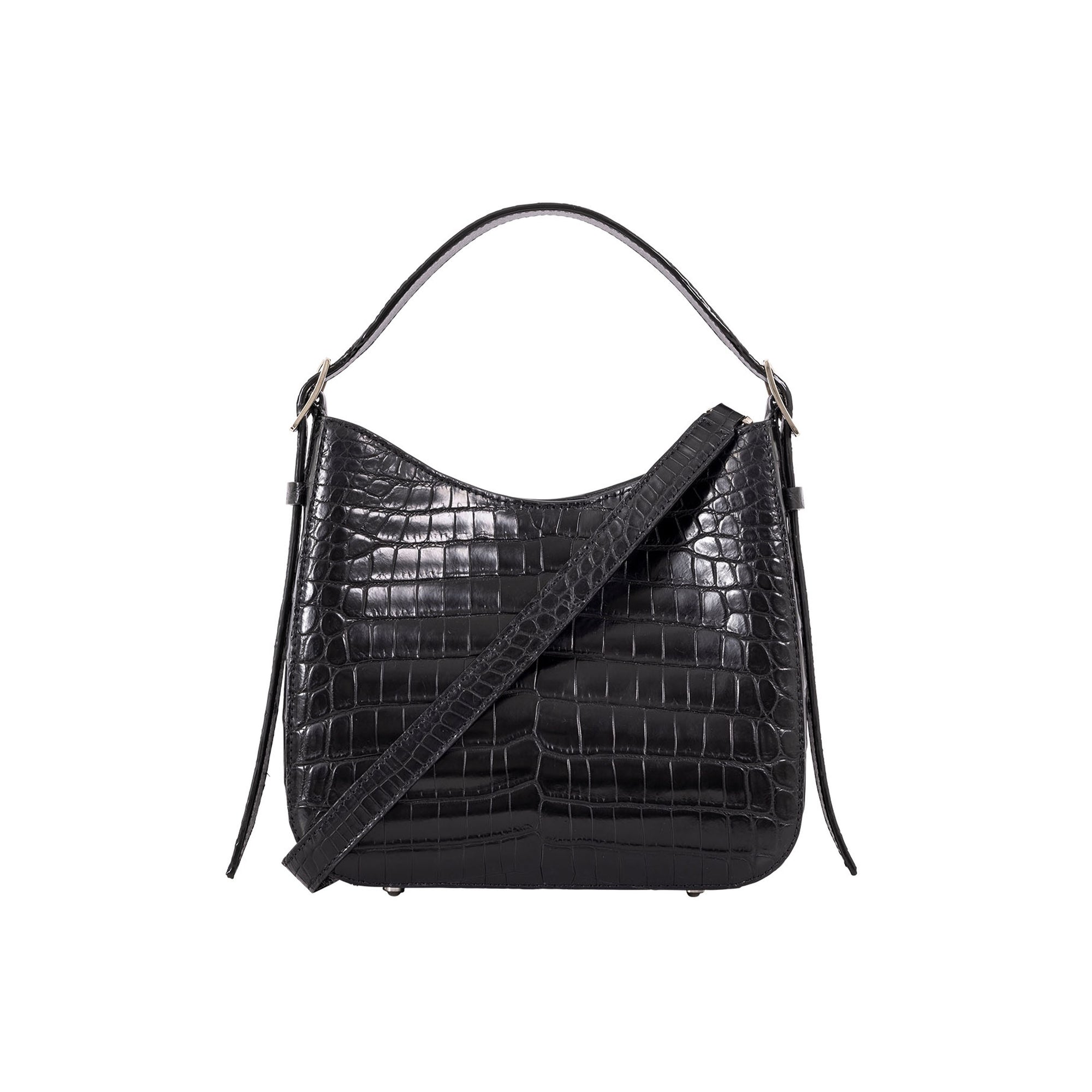 Black crocodile-patterned handbag on a white background
