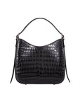 Black crocodile-patterned handbag on a white background
