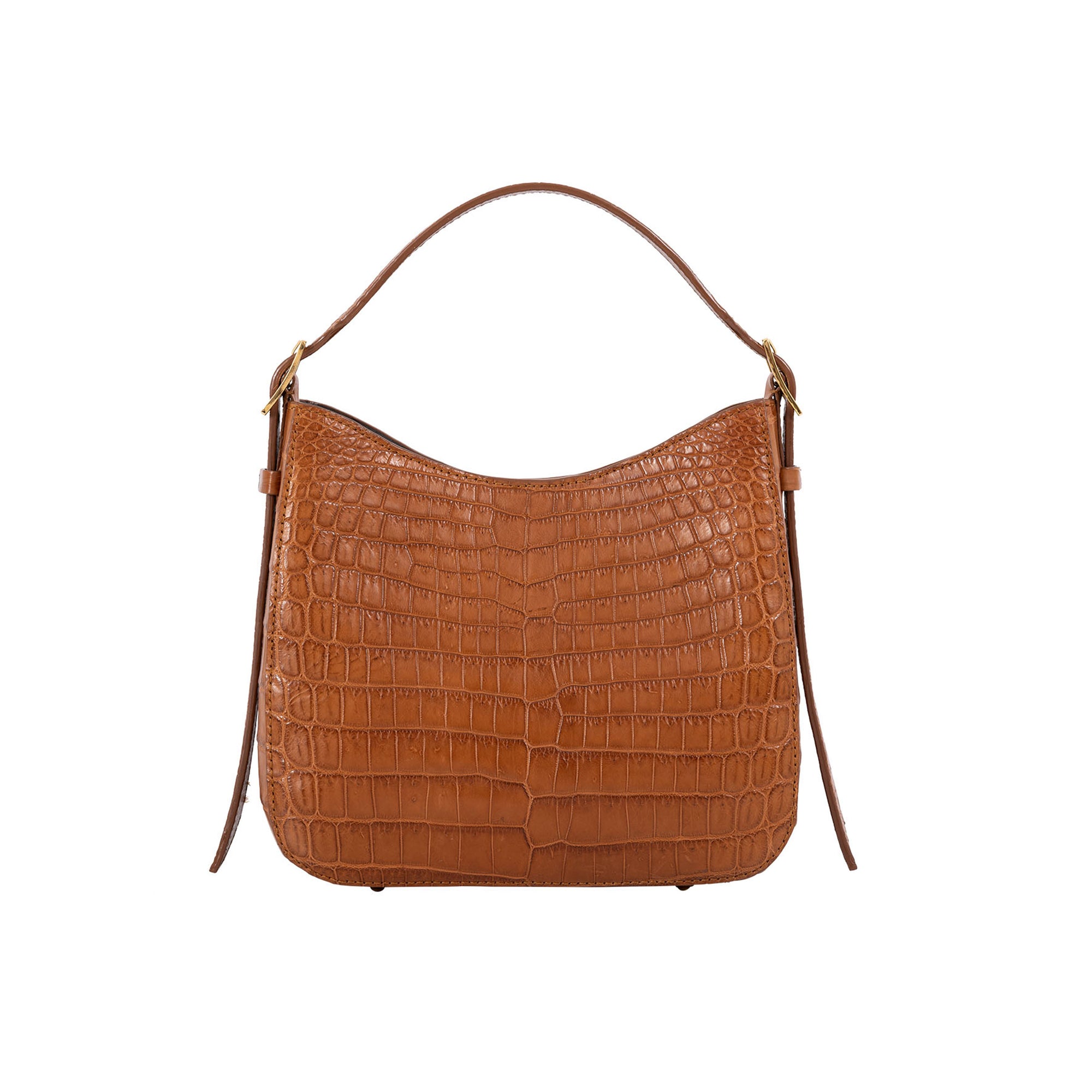 Cognac crocodile-patterned handbag on a white background
