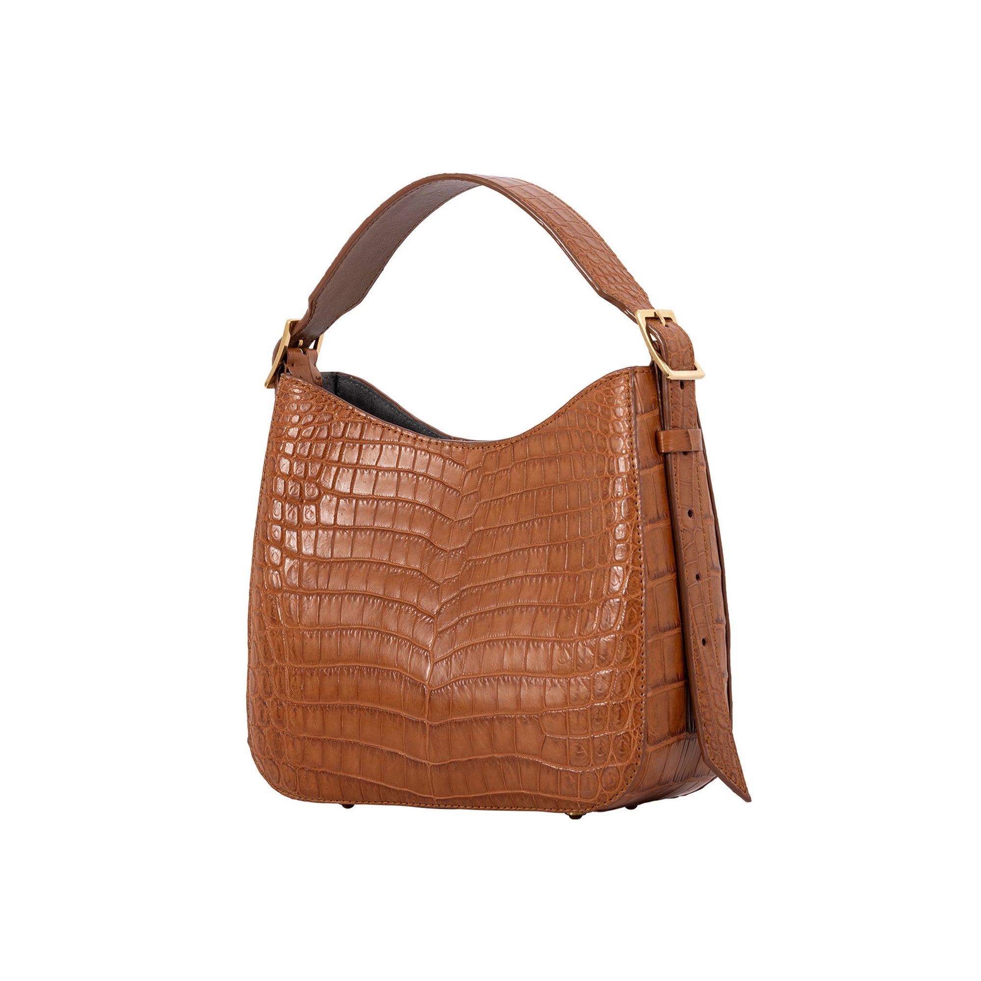 Cognac crocodile-patterned handbag on a white background