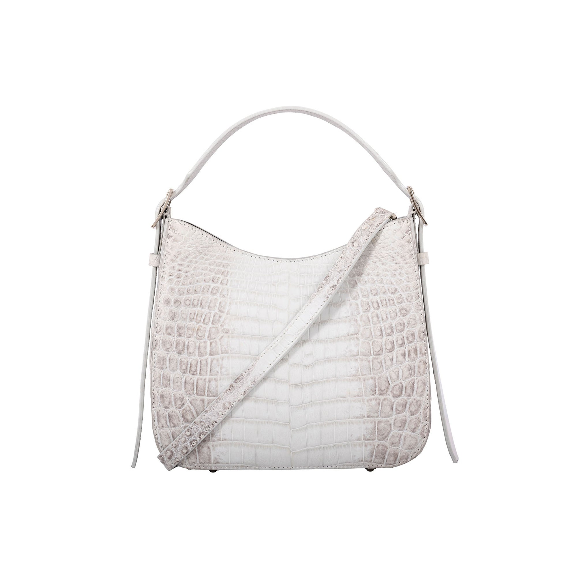 White crocodile-textured handbag on a white background