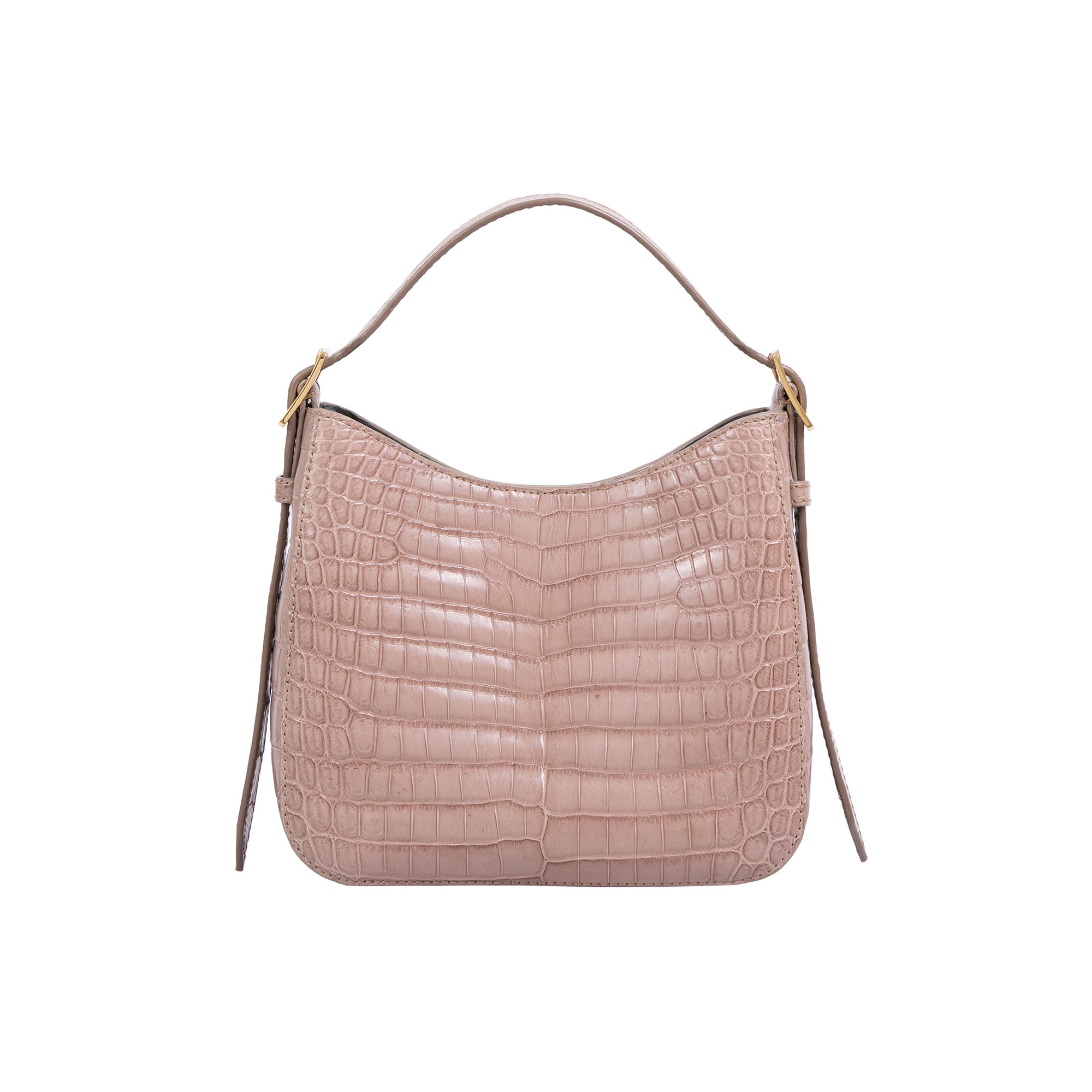 Walnut crocodile-textured handbag on a white background