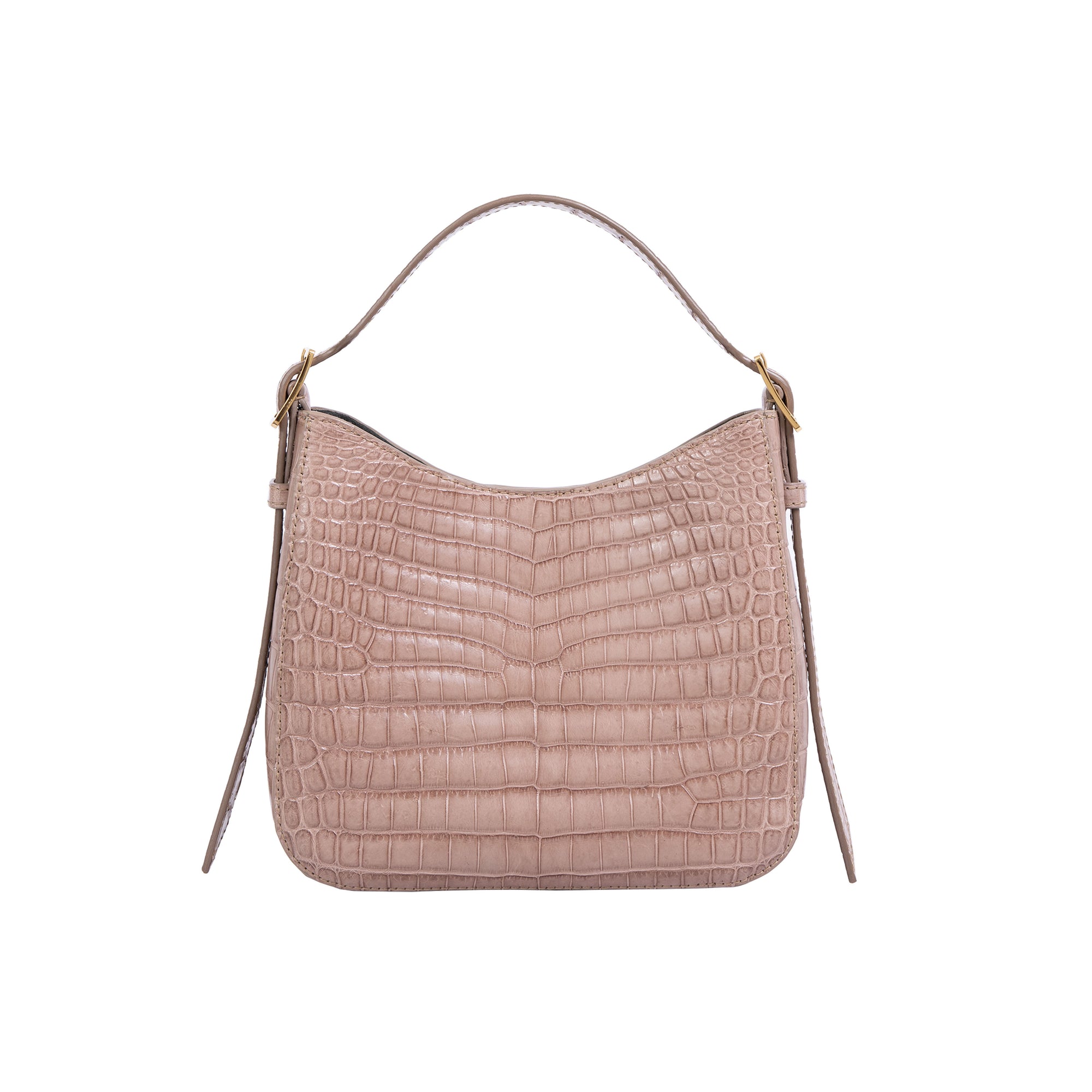 Walnut crocodile-textured handbag on a white background