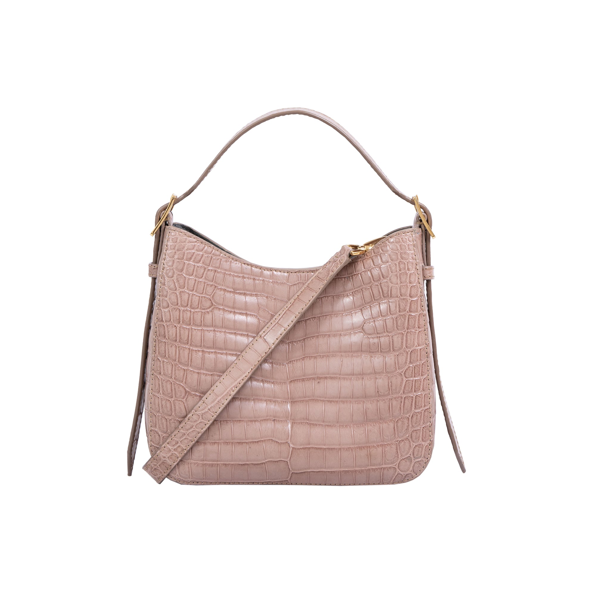 Walnut crocodile-textured handbag on a white background