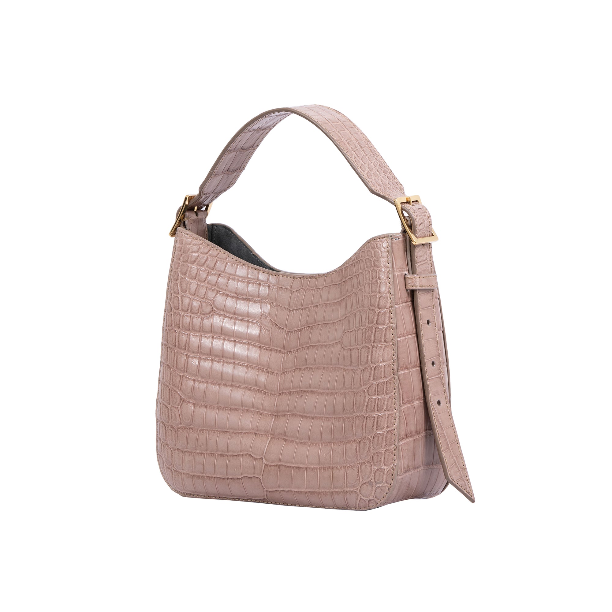 Walnut crocodile-textured handbag on a white background