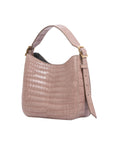 Walnut crocodile-textured handbag on a white background