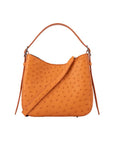 Apricot ostrich-textured handbag with snake skin pattern on a white background