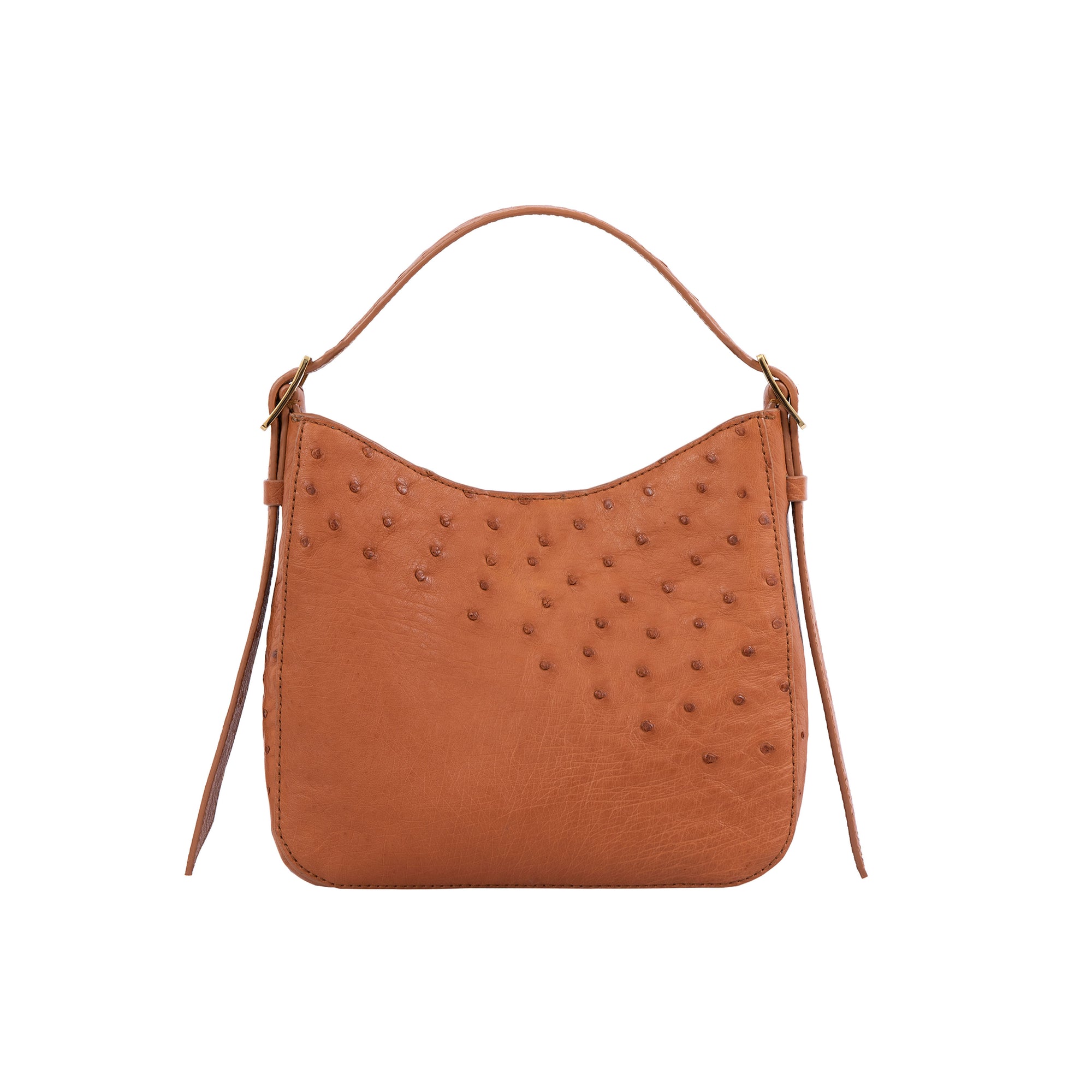 Cognac ostrich-textured handbag on a white background