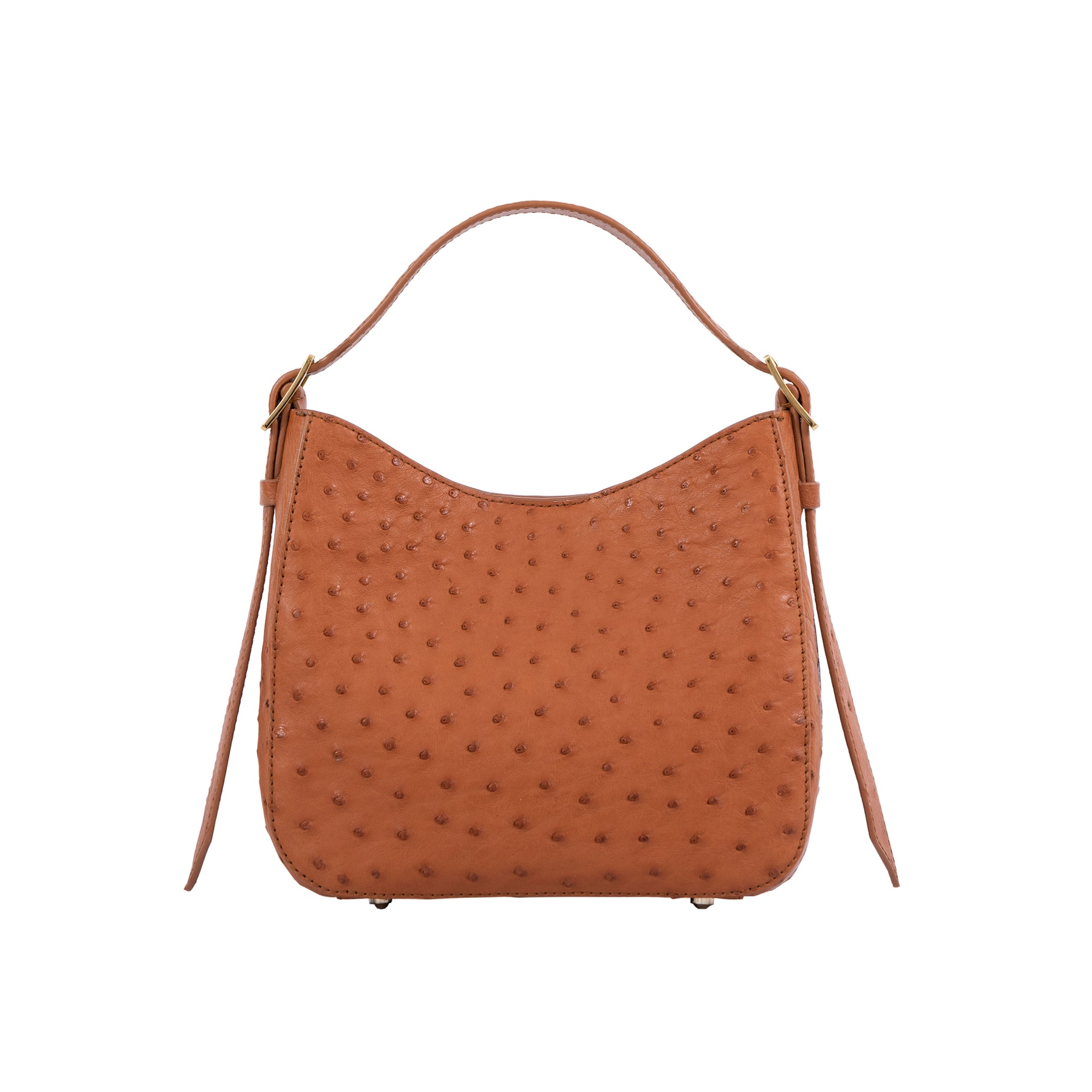 Cognac ostrich-textured handbag on a white background