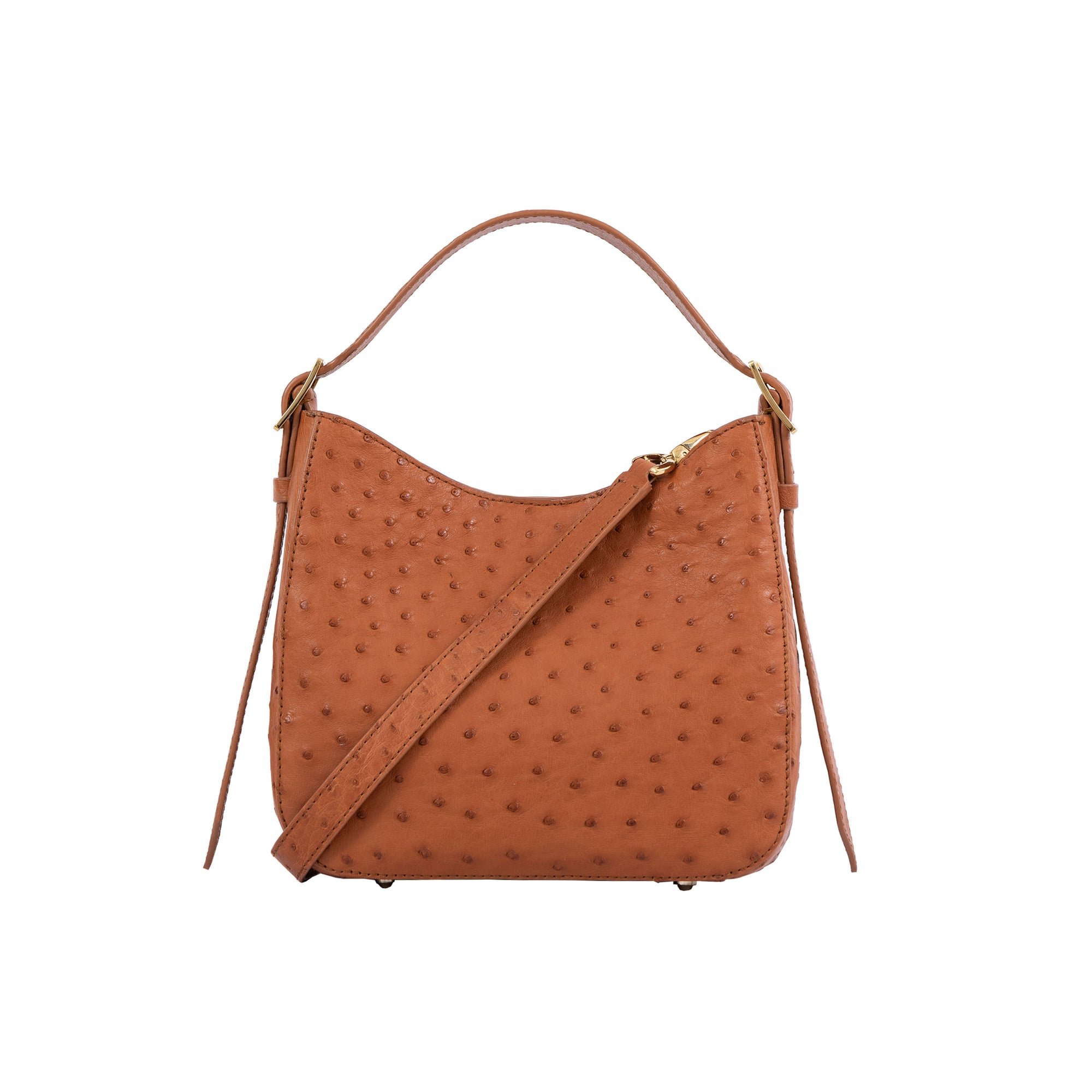 Cognac ostrich-textured handbag on a white background
