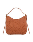 Cognac ostrich-textured handbag on a white background