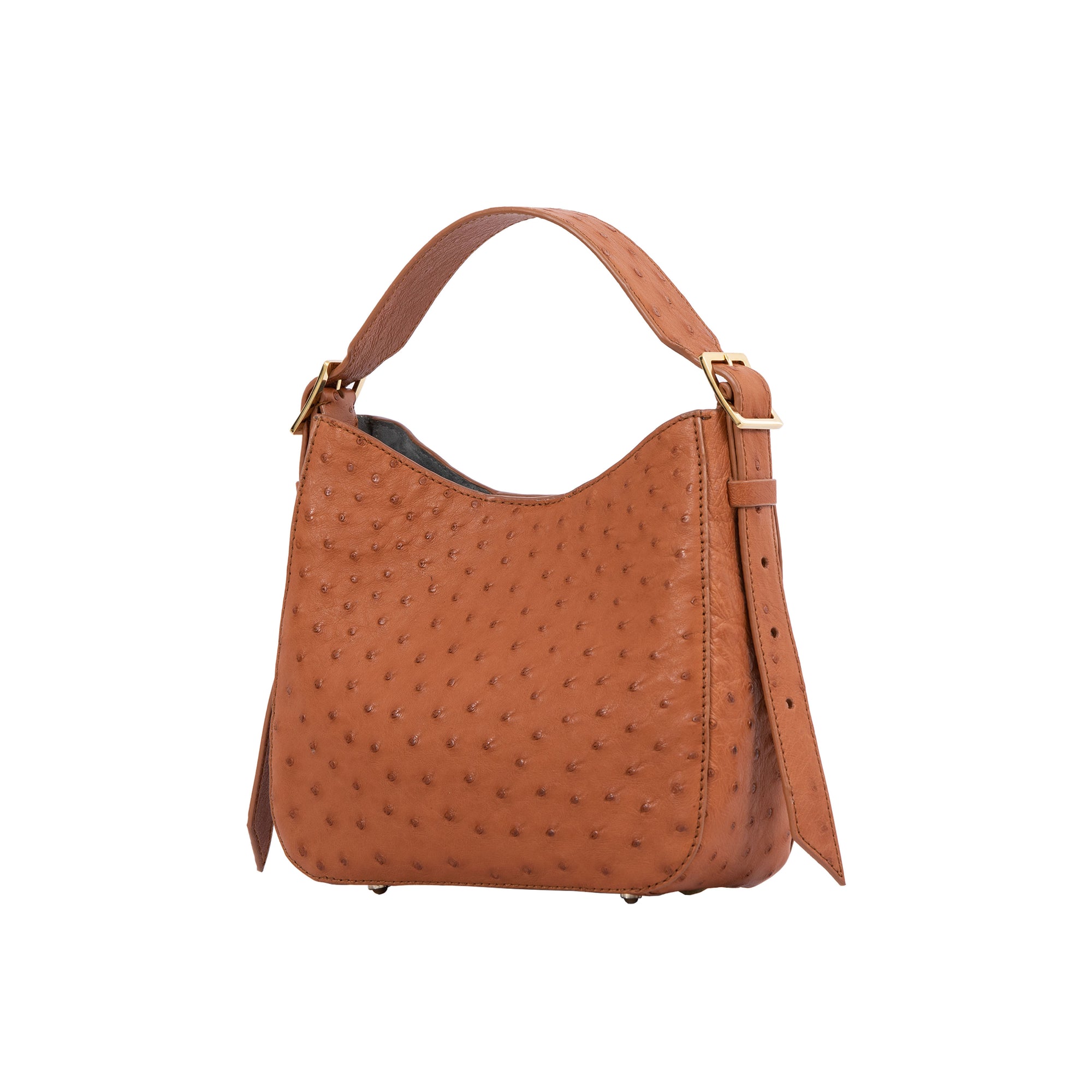 Cognac ostrich-textured handbag on a white background