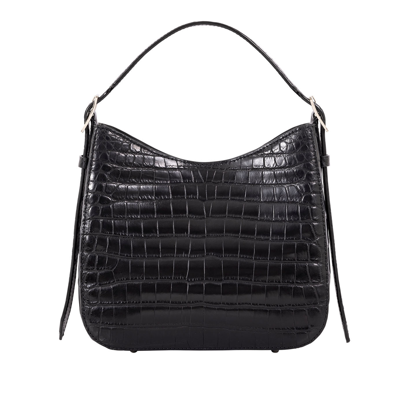 Front of a black crocodile textured handbag on a white background