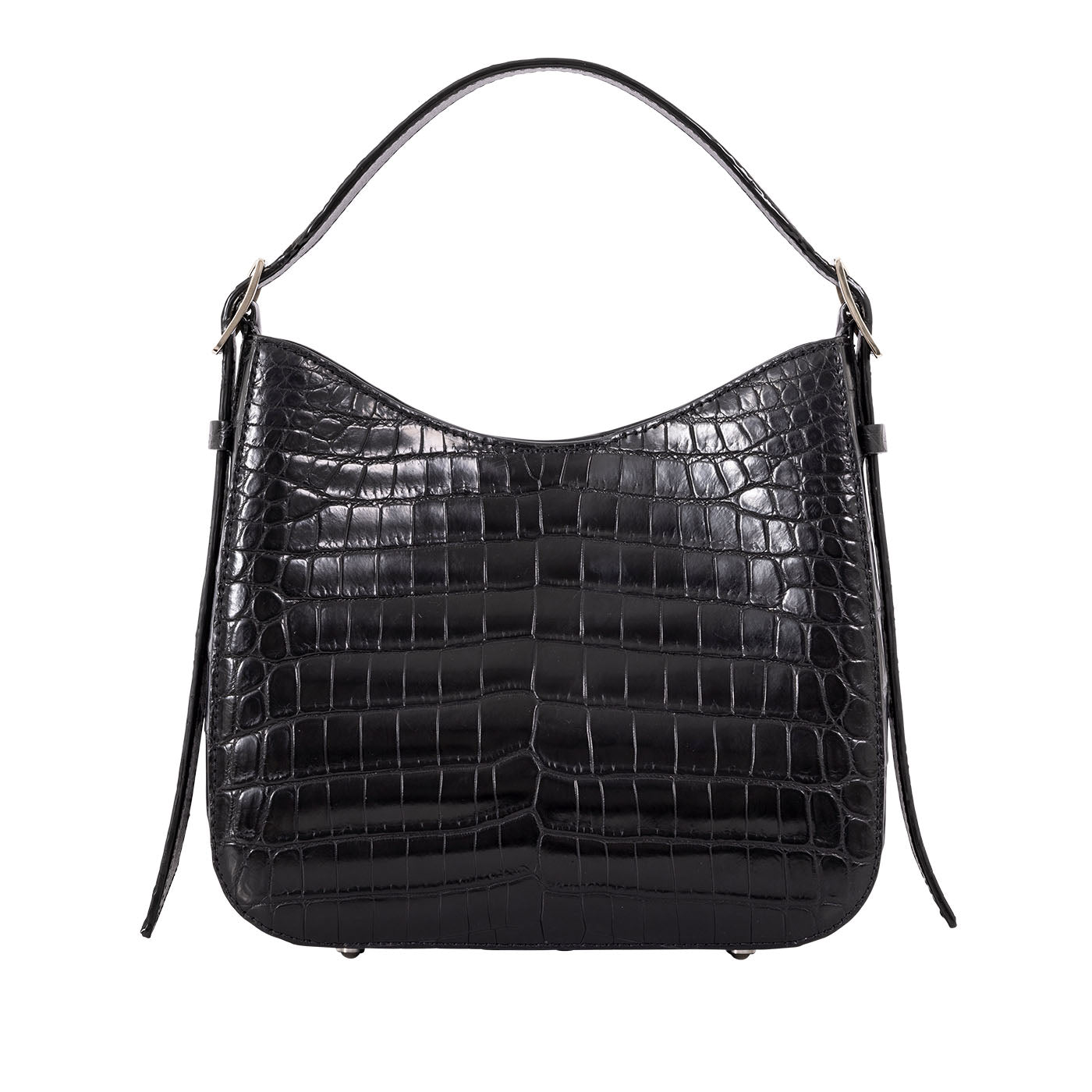 Front of a black crocodile textured handbag on a white background