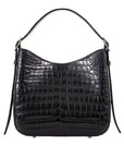 Front of a black crocodile textured handbag on a white background