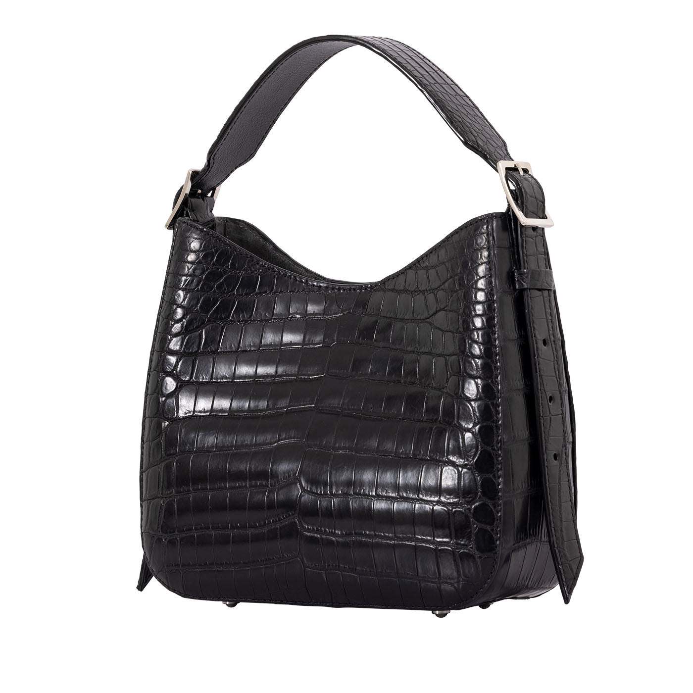 Side of a black crocodile textured handbag on a white background