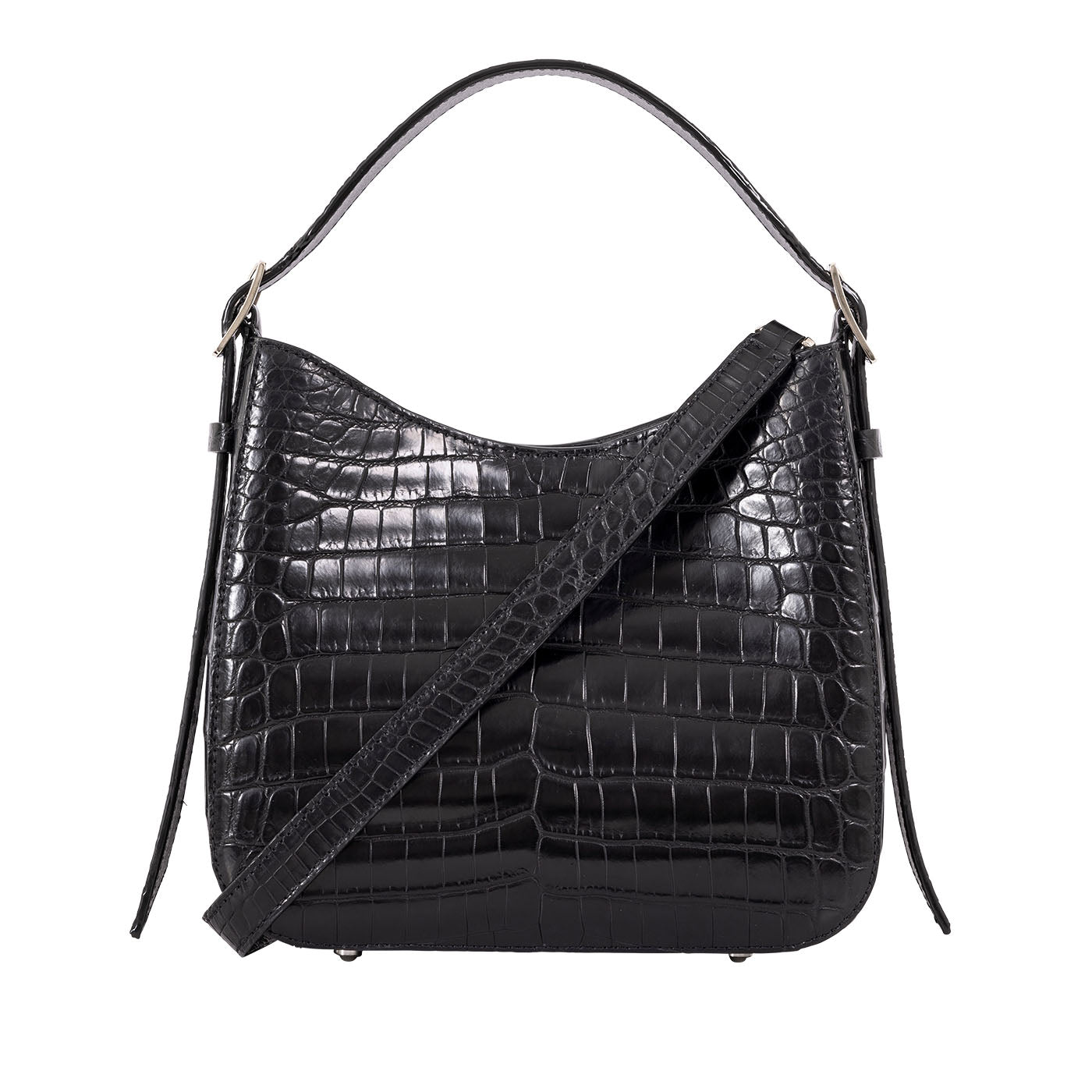 Front of a black crocodile textured handbag with a strap on a white background