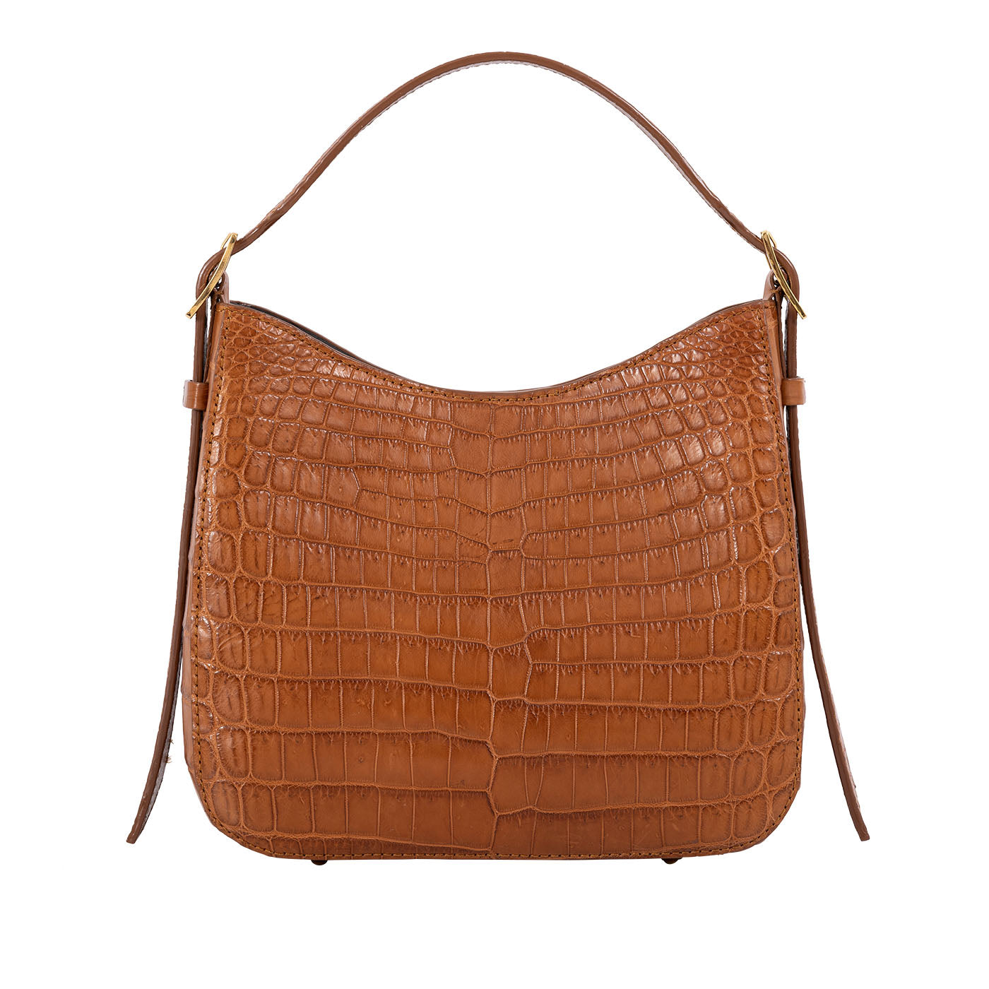 Front of a brown crocodile textured handbag on a white background