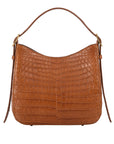 Front of a brown crocodile textured handbag on a white background