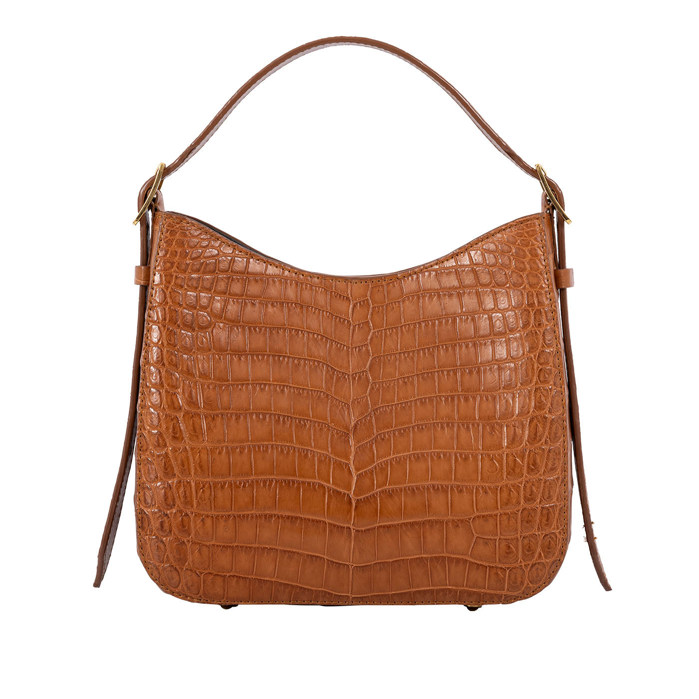Front of a brown crocodile textured handbag on a white background