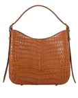 Front of a brown crocodile textured handbag on a white background