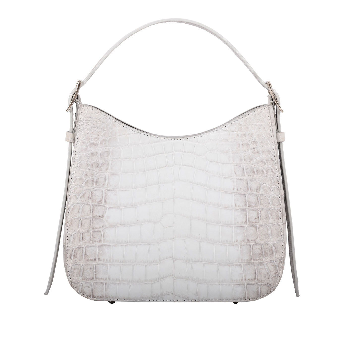 Front of a white crocodile textured handbag on a white background