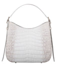 Front of a white crocodile textured handbag on a white background