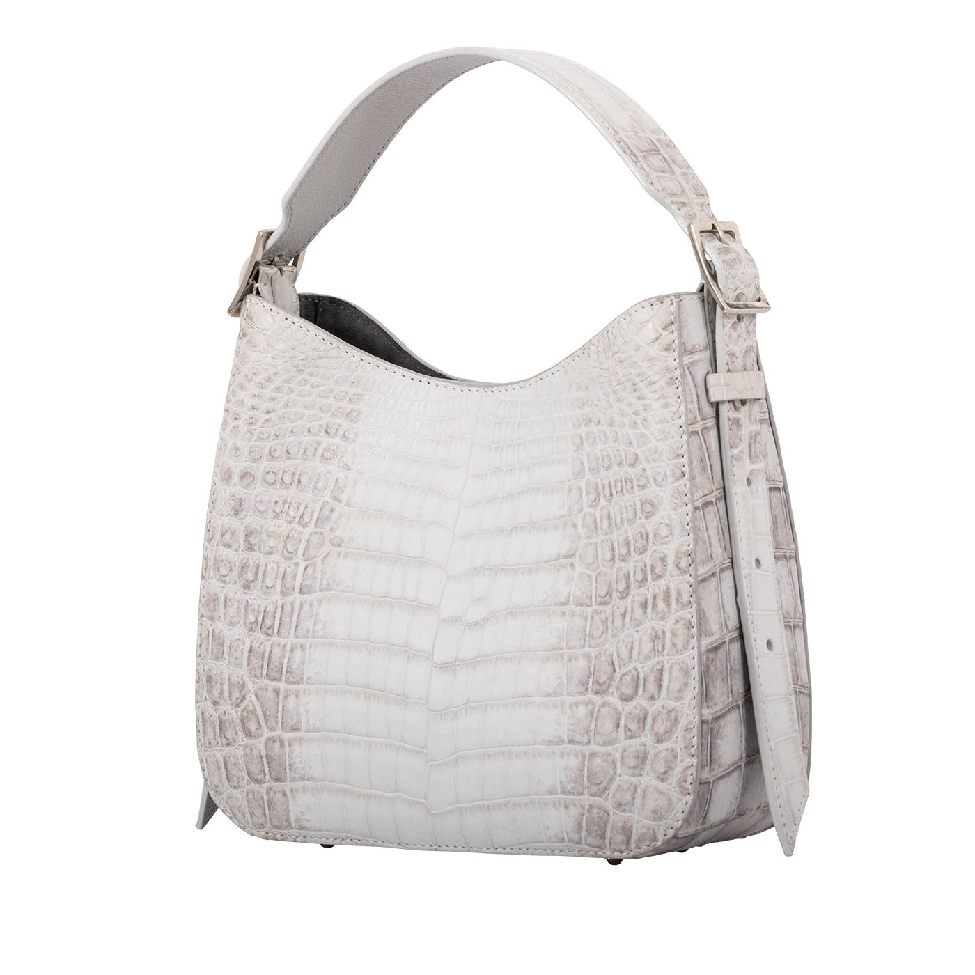 Side of a white crocodile textured handbag on a white background