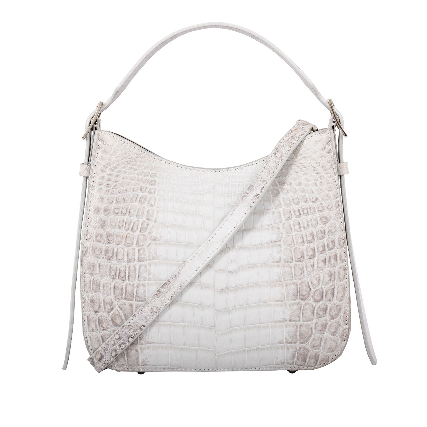 White handbag with crocodile texture on a white background