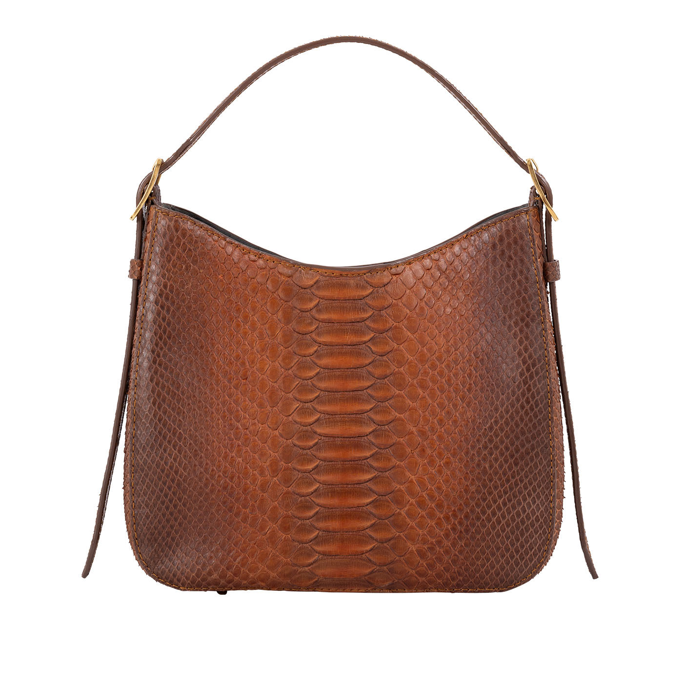 Front of a brown caramel python textured handbag on a white background