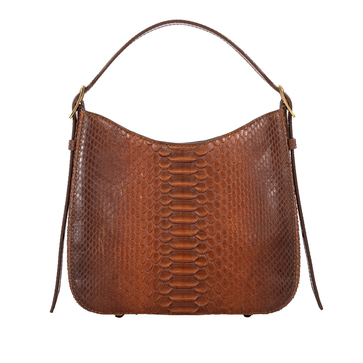Front of a brown caramel python textured handbag on a white background