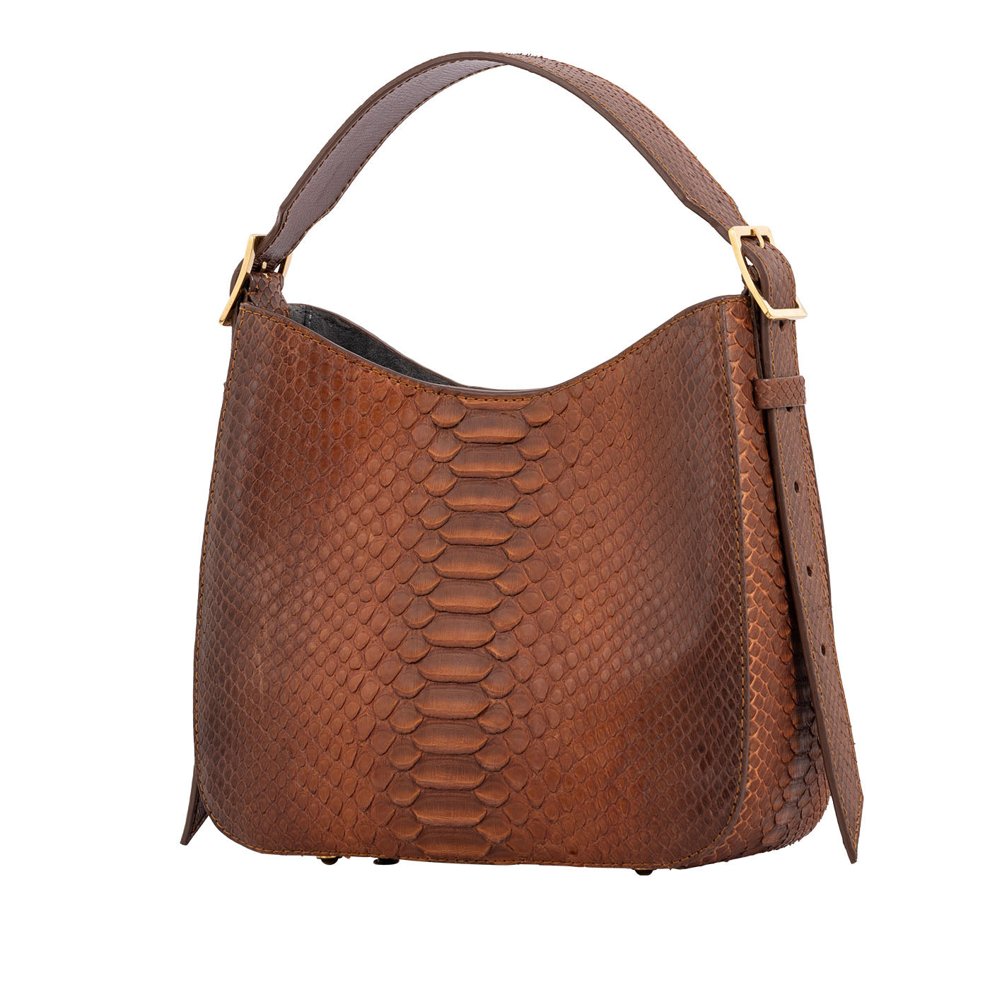 Side of a brown caramel python textured handbag with a strap on a white background