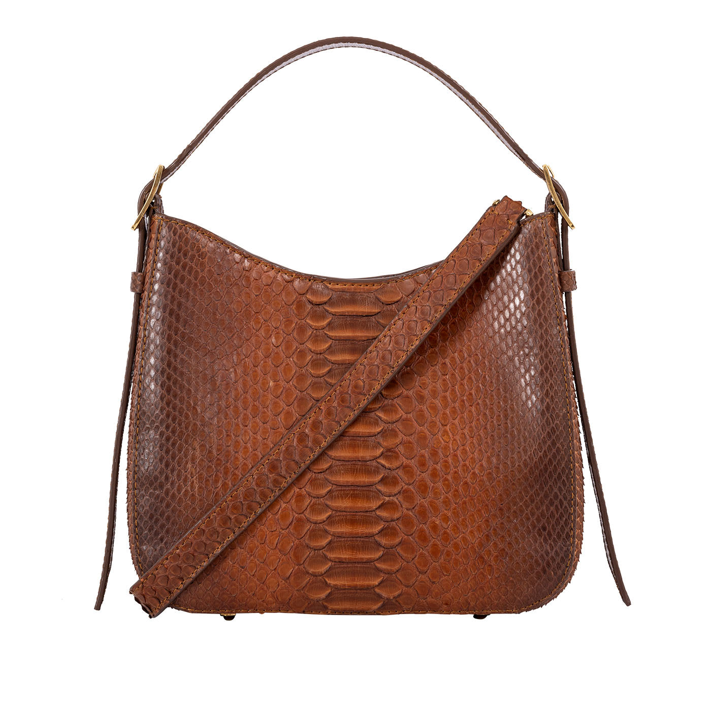Front of a brown caramel python textured handbag with a strap on a white background