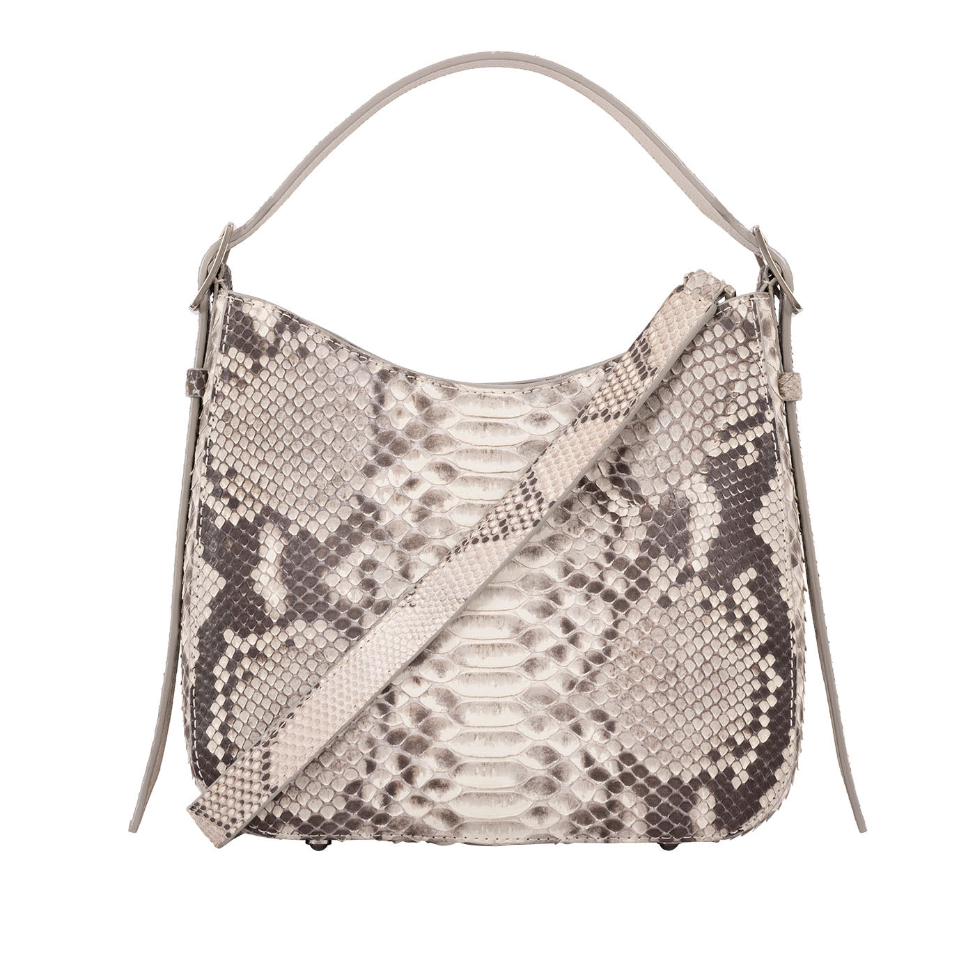 Snakeskin pattern handbag with a a strap on a white background