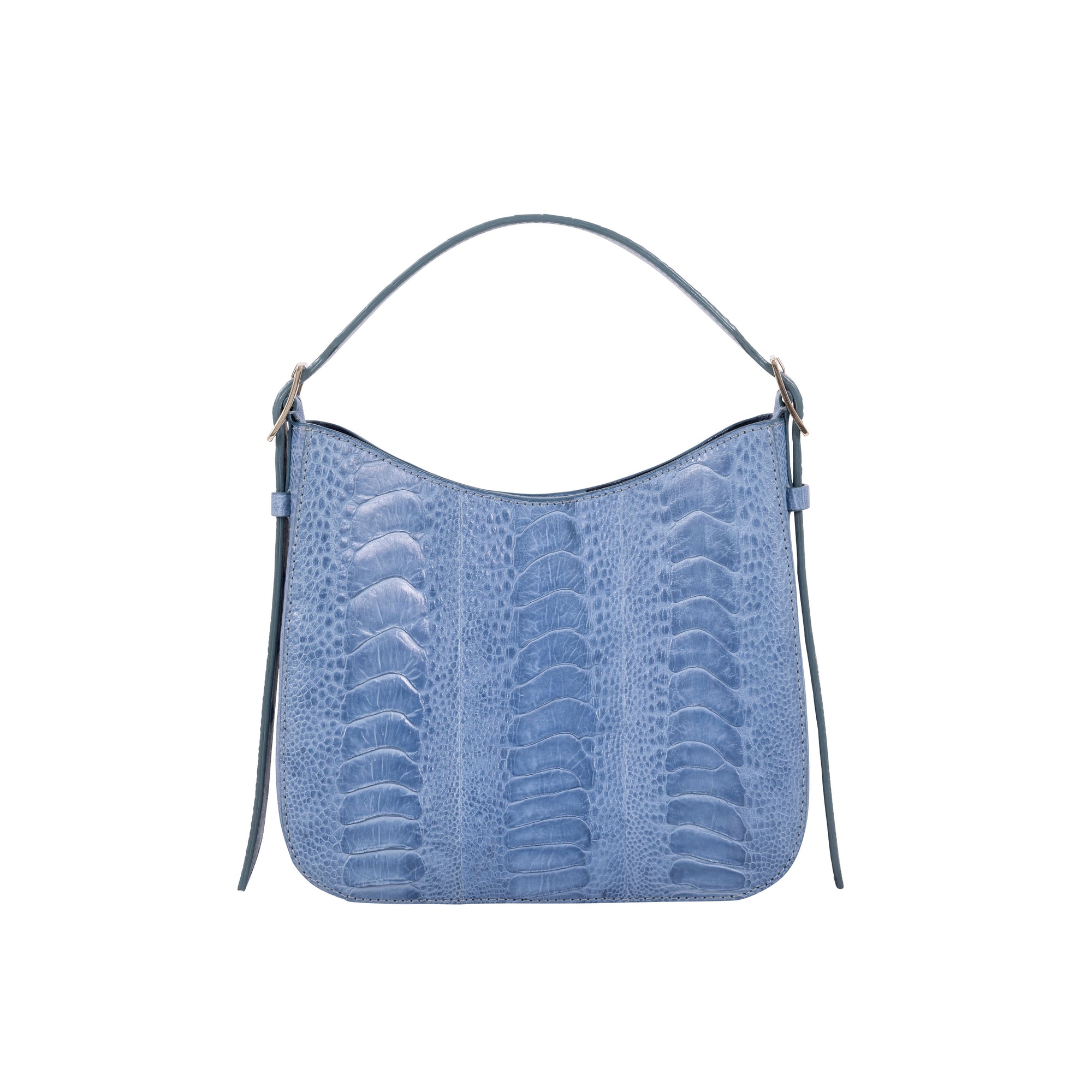 Back of a blue textured handbag on a white background