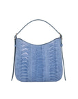 Back of a blue textured handbag on a white background
