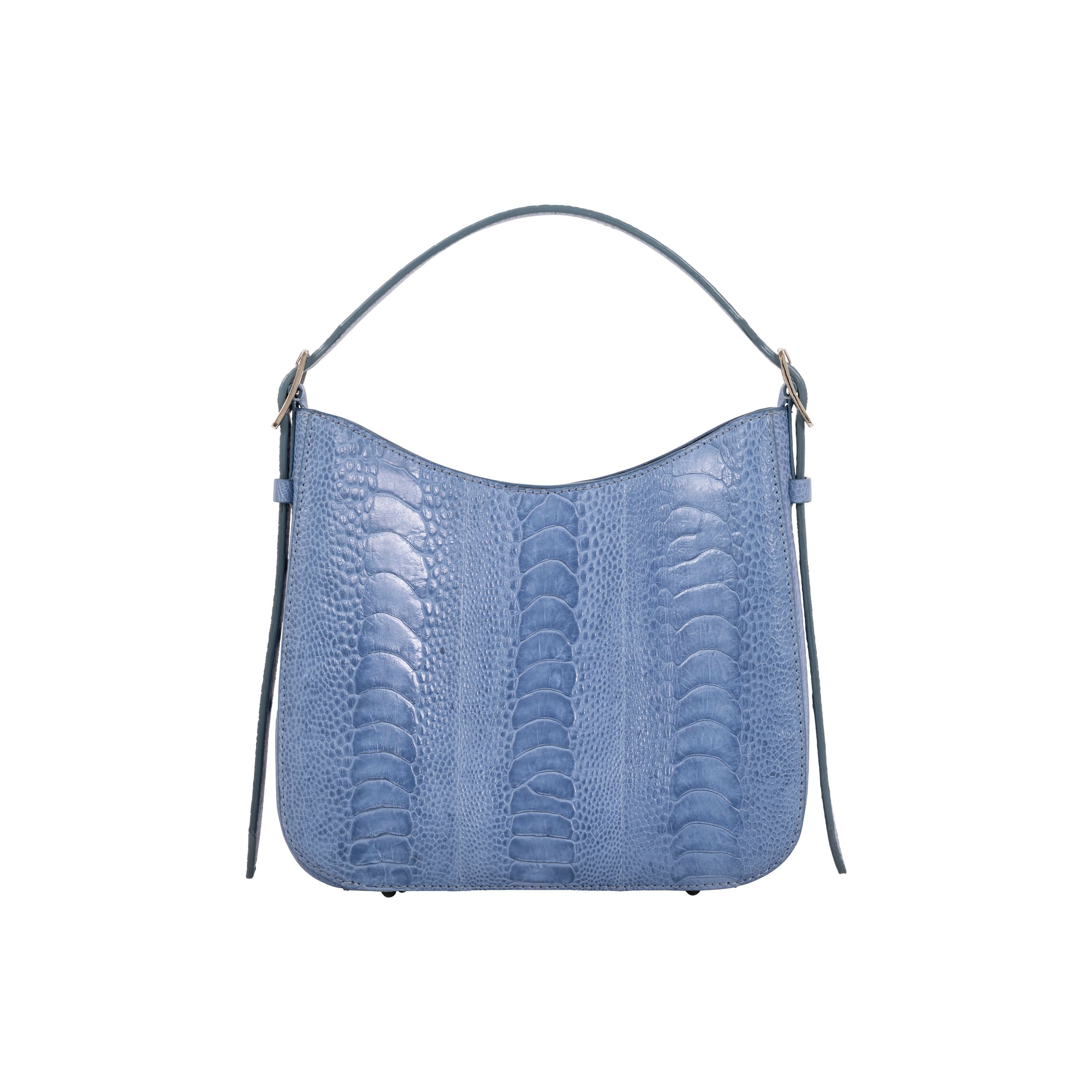 Front of a blue textured handbag on a white background